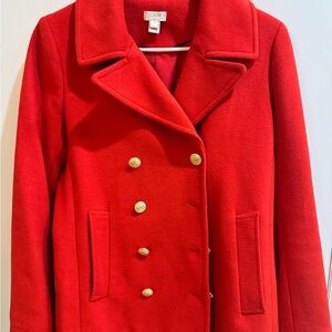 J. Crew Vibrant Red Double Breasted Pea Coat with Gold Buttons